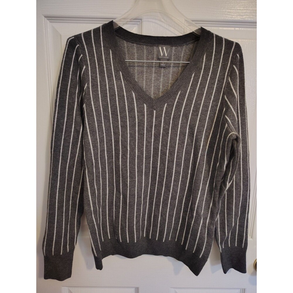 Worthington Gray White Striped Knit V-Neck Pullover Sweater Long Sleeve M